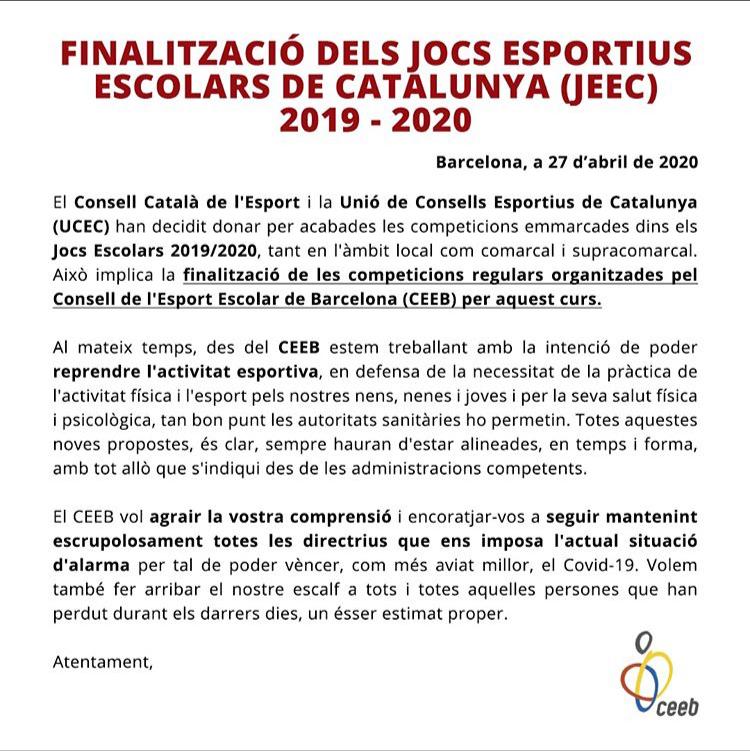 Finalització de les competicions esportives 2019-2020